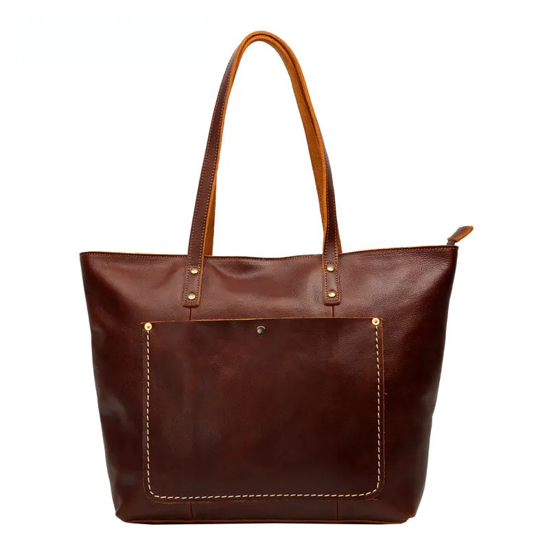 100% Genuine Full Grain Leather Women's Shopping Bag, Shoulder Bags with Pocket 8871