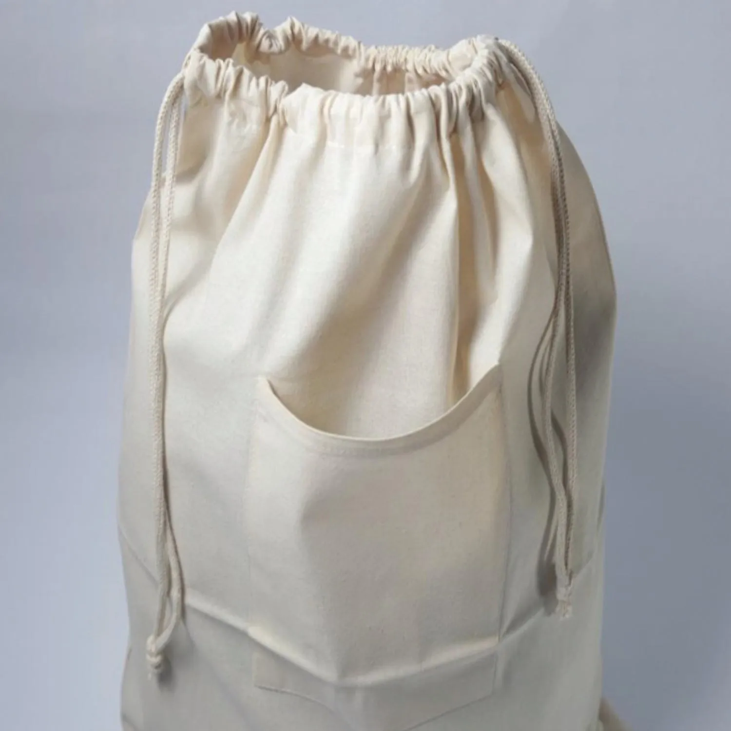 12 ct Drawstring Cotton Laundry Bag W/ Front Pocket - By Dozen