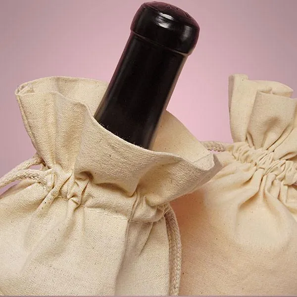 12 ct Single Bottle Natural Cotton Muslin Wine Bags with Drawstrings Closure - By Dozen