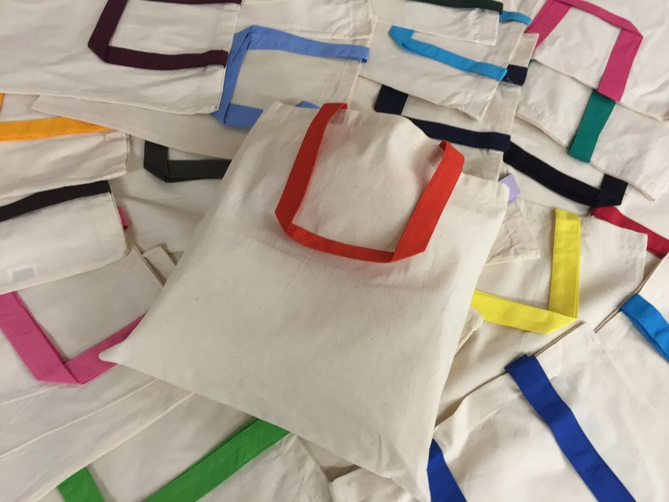 12 ct Wholesale Tote Bags With Color Handles 100% Cotton - By Dozen