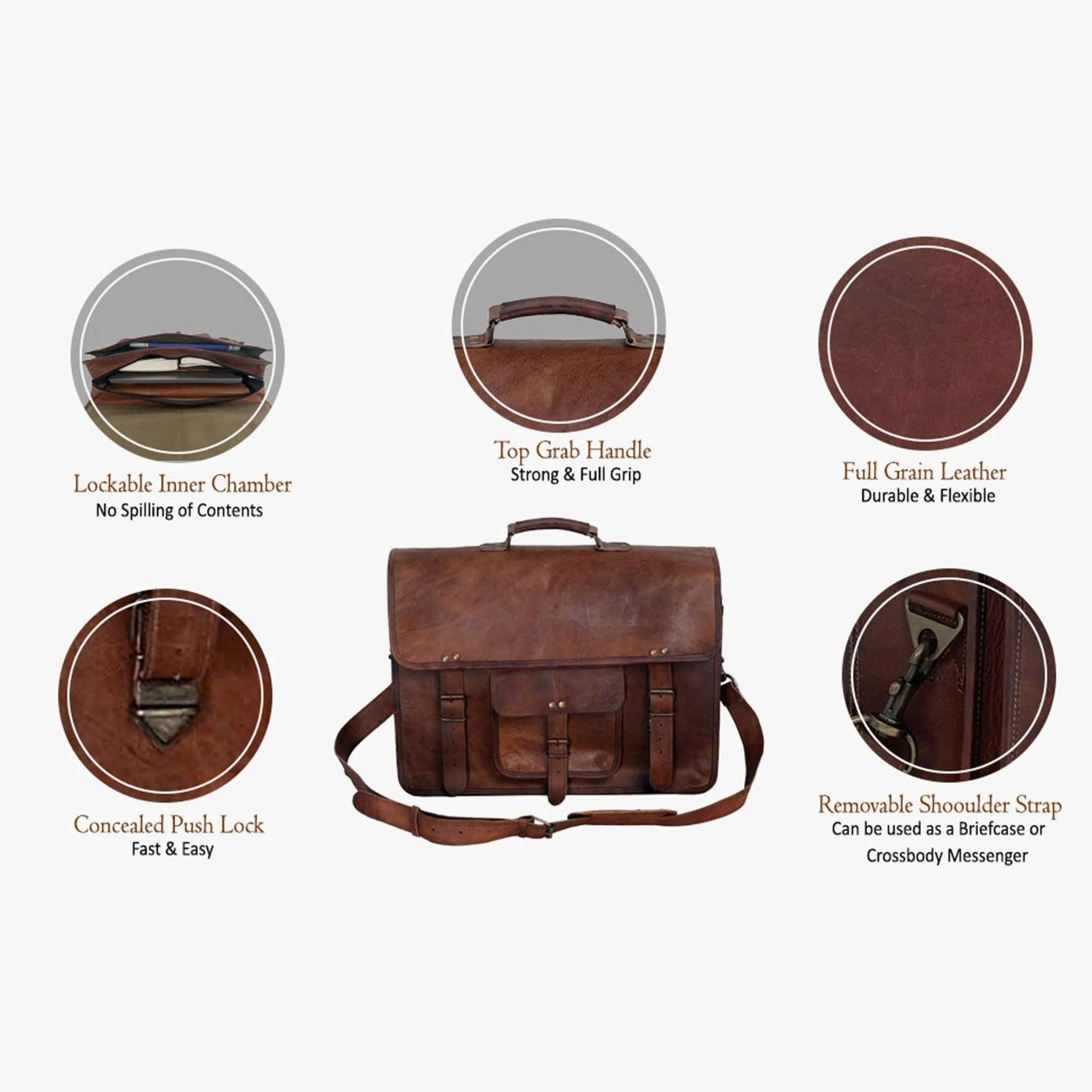 18 Inch Vintage Men's Brown Handmade Leather Briefcase Best Laptop Messenger Bag Satchel for Men Gifts for him