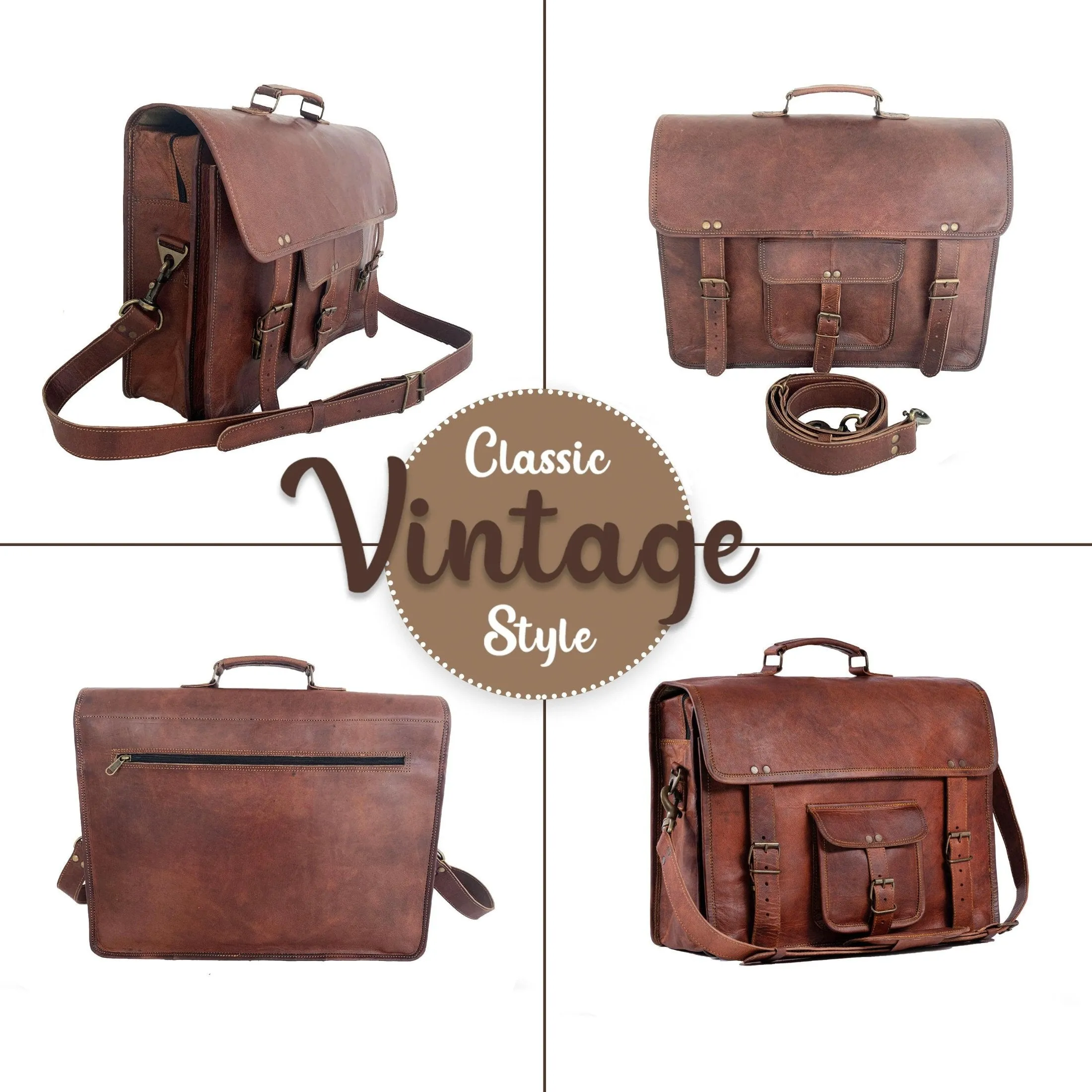 18 Inch Vintage Men's Brown Handmade Leather Briefcase Best Laptop Messenger Bag Satchel for Men Gifts for him