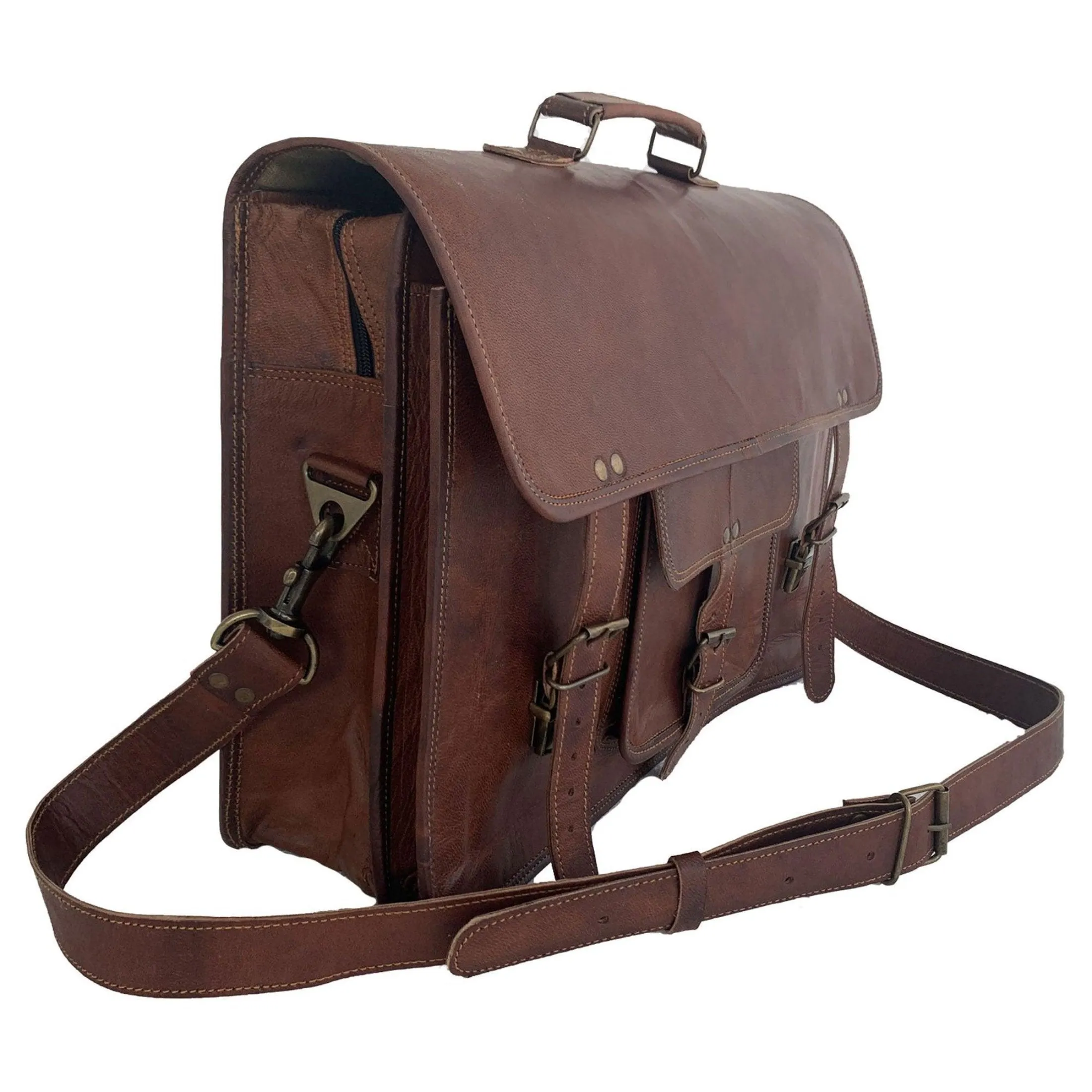 18 Inch Vintage Men's Brown Handmade Leather Briefcase Best Laptop Messenger Bag Satchel for Men Gifts for him