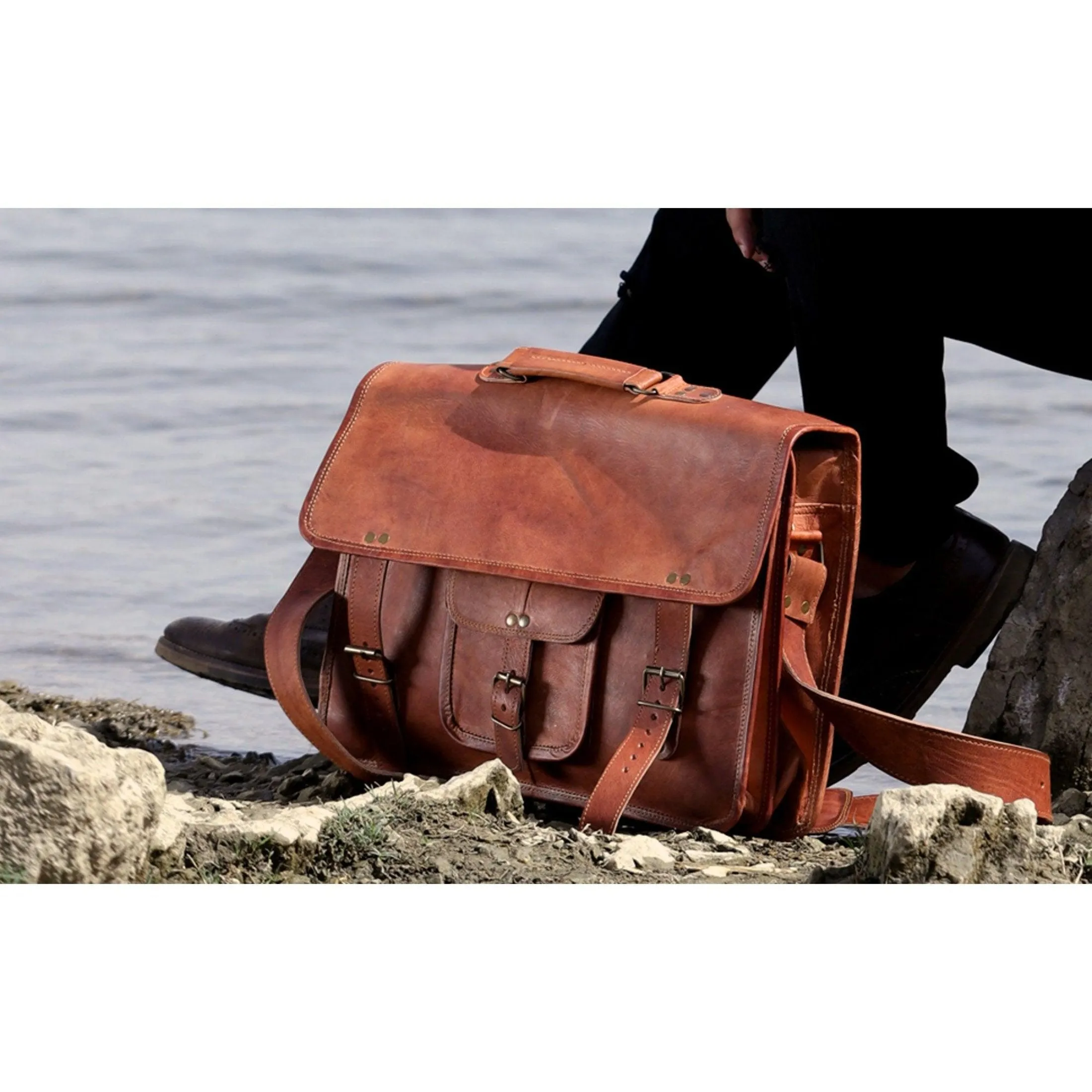 18 Inch Vintage Men's Brown Handmade Leather Briefcase Best Laptop Messenger Bag Satchel for Men Gifts for him