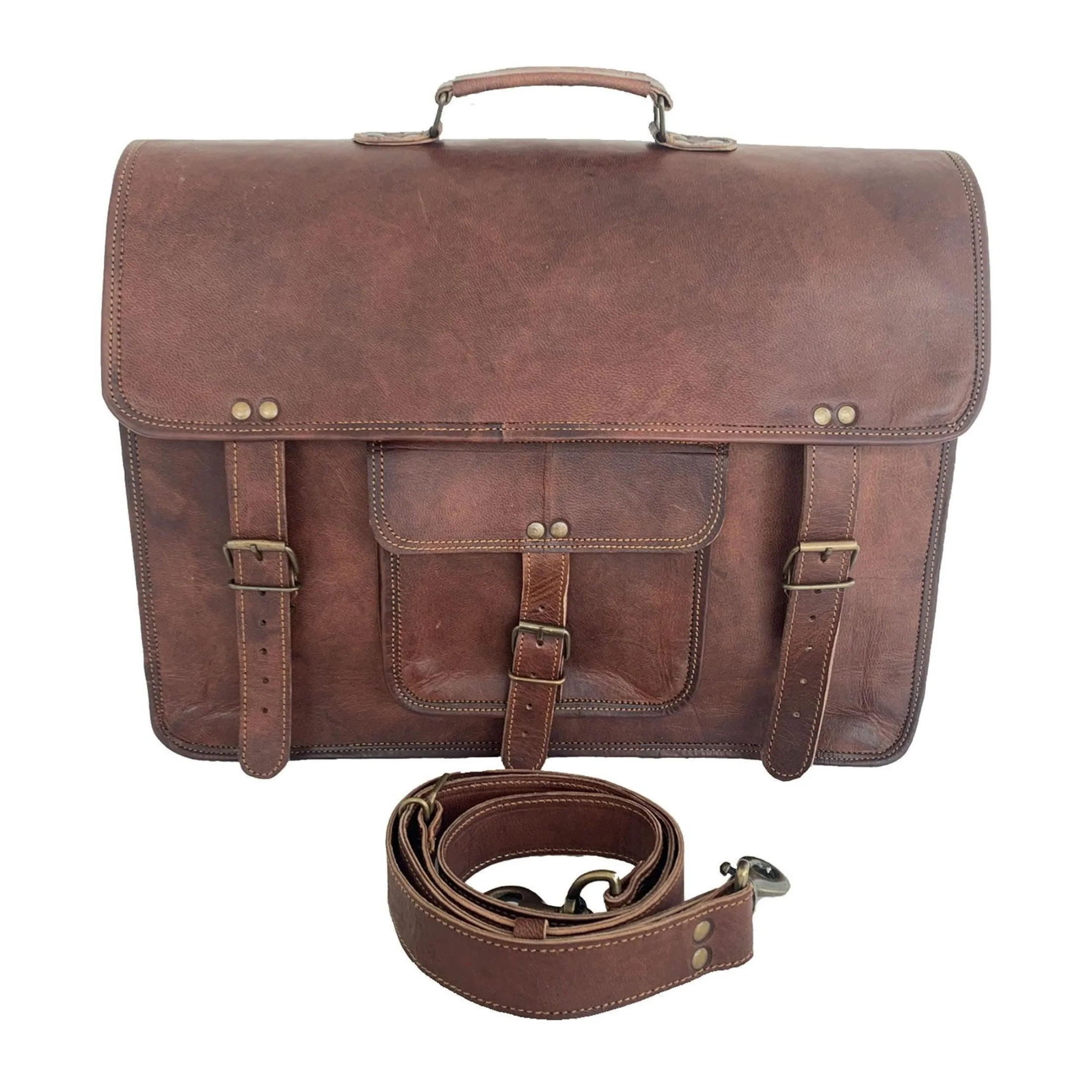 18 Inch Vintage Men's Brown Handmade Leather Briefcase Best Laptop Messenger Bag Satchel for Men Gifts for him