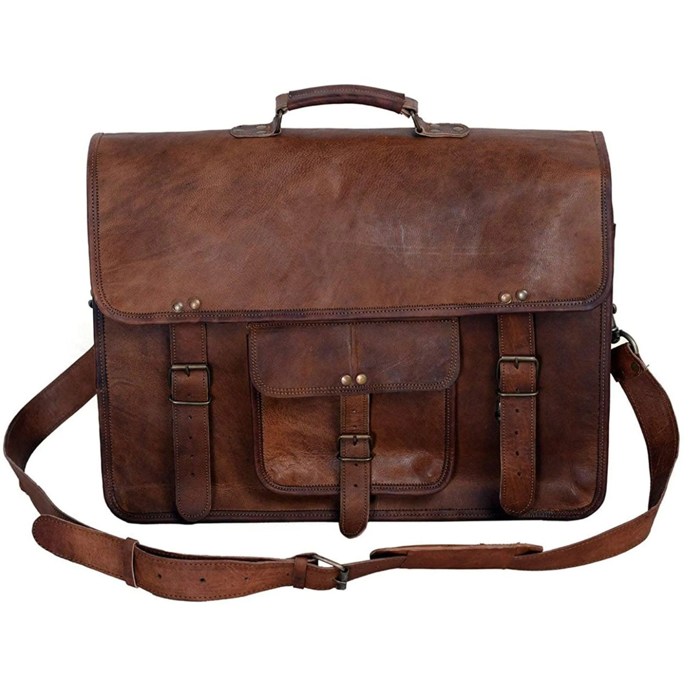 18 Inch Vintage Men's Brown Handmade Leather Briefcase Best Laptop Messenger Bag Satchel for Men Gifts for him