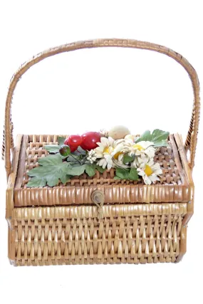 1950s Wicker Basket Vintage Handbag Fruit Flowers