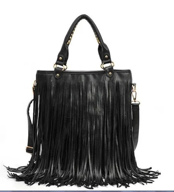 2016 Women Bags Leather Solid Street Western Punk Tassel Fringe Casual Handbag Womens Shoulder  Bag