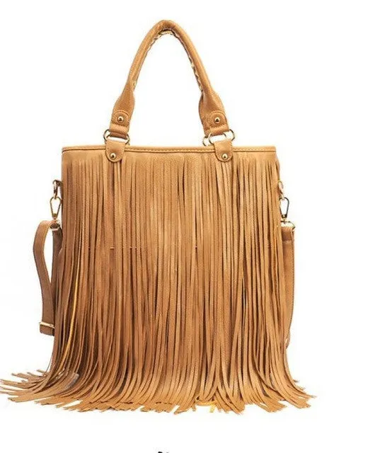 2016 Women Bags Leather Solid Street Western Punk Tassel Fringe Casual Handbag Womens Shoulder  Bag