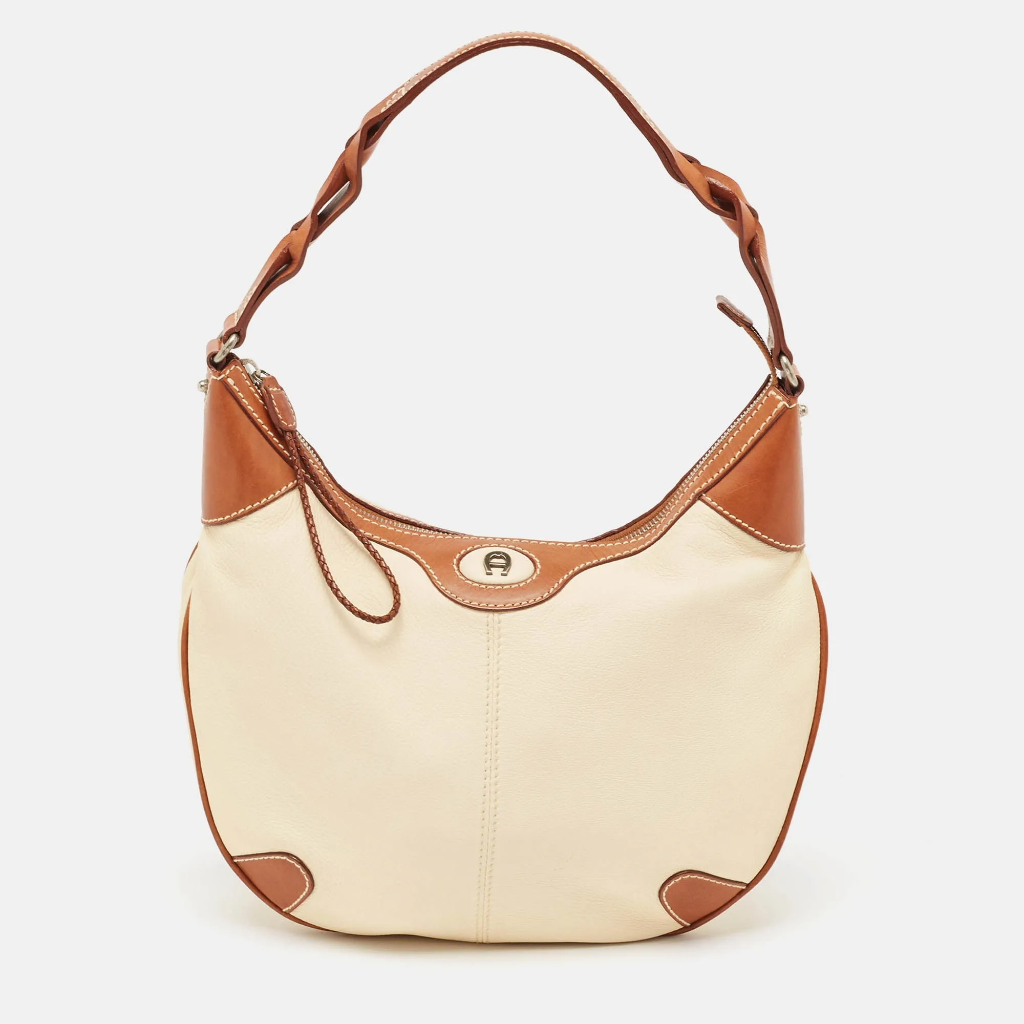 AIGNER Brown/Off White Leather Logo Hobo