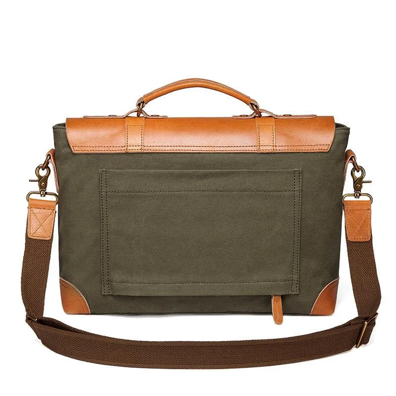 Army Green Leather Canvas Mens Casual Briefcase Shoulder Bag Messenger Bags Casual Courier Bags for Men