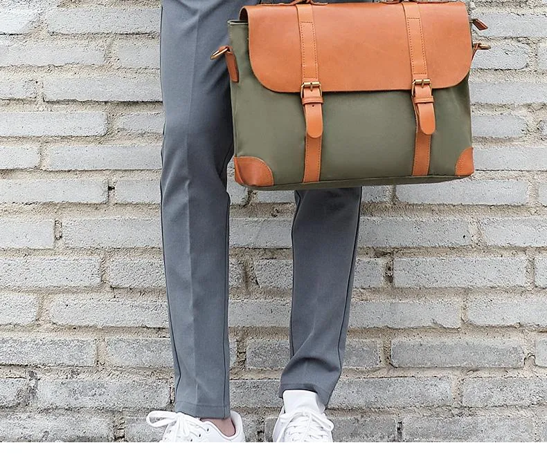 Army Green Leather Canvas Mens Casual Briefcase Shoulder Bag Messenger Bags Casual Courier Bags for Men