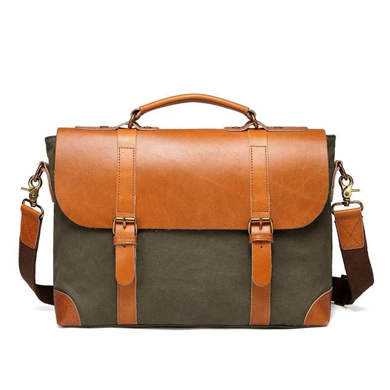 Army Green Leather Canvas Mens Casual Briefcase Shoulder Bag Messenger Bags Casual Courier Bags for Men