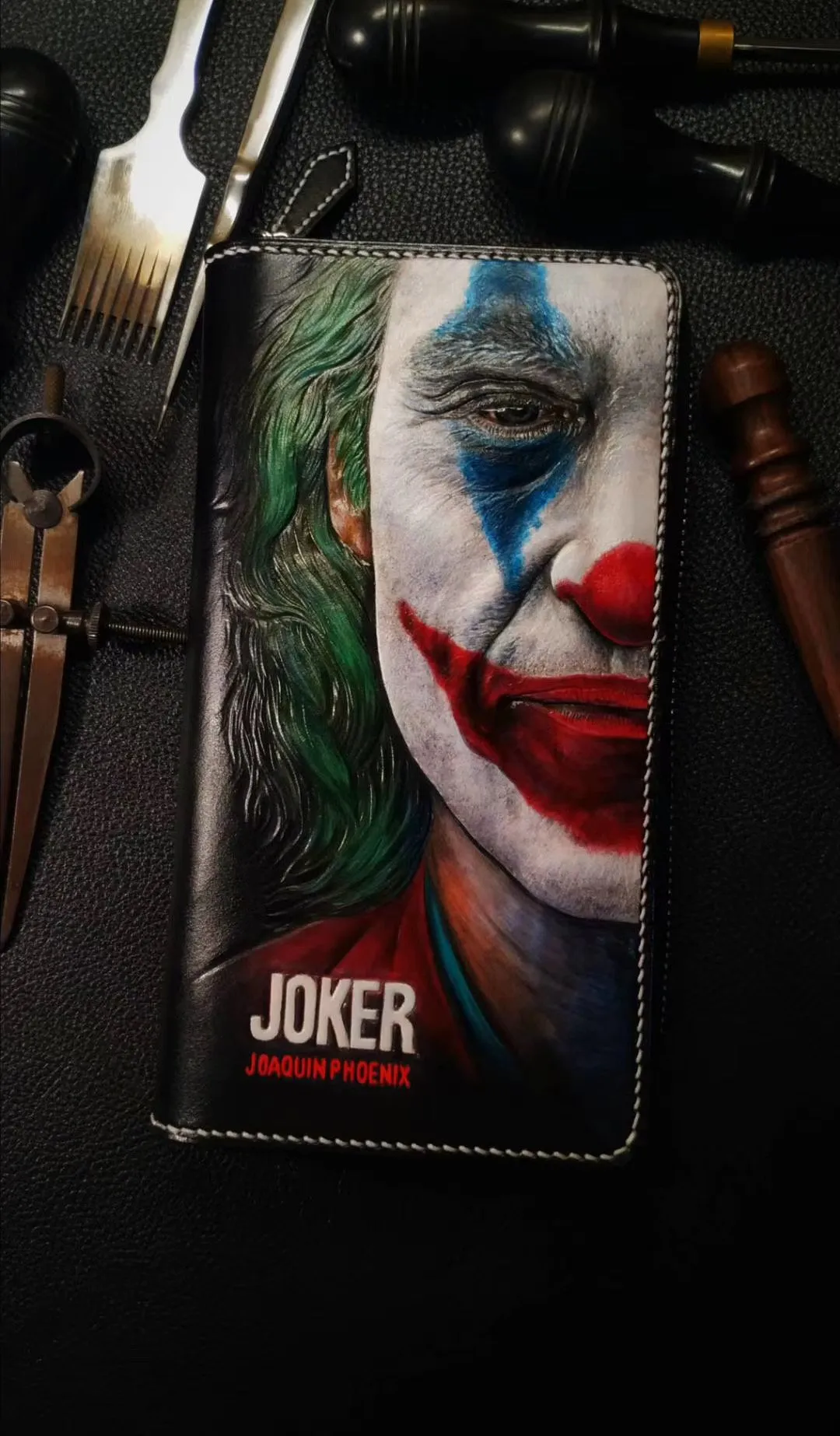 Badass Black Leather Men's Joker Long Biker Wallet Handmade Tooled Zipper Long Wallets For Men