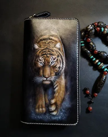 Badass Black Leather Men's Tiger Long Biker Wallet Handmade Tooled Zipper Long Wallets For Men