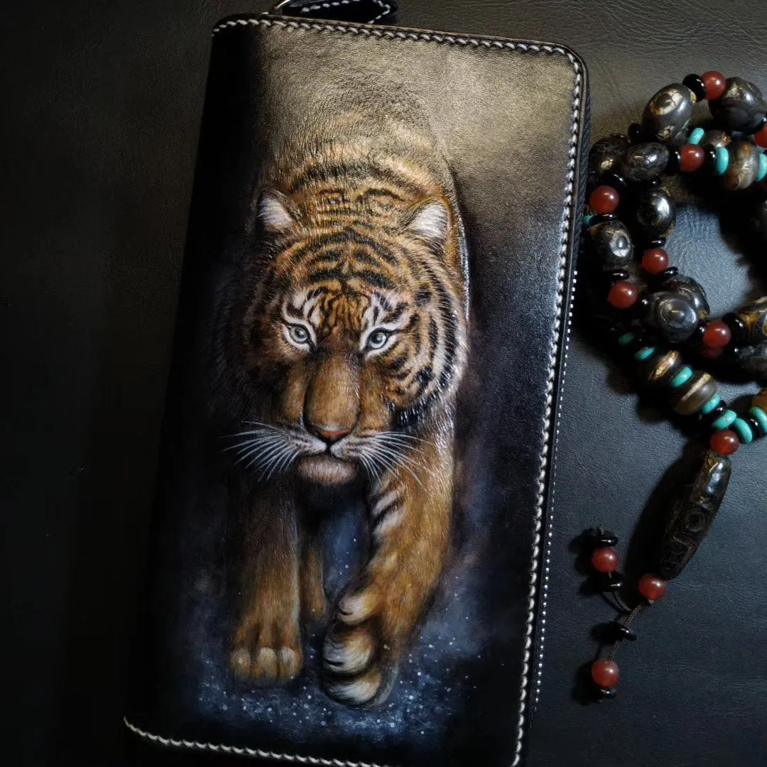 Badass Black Leather Men's Tiger Long Biker Wallet Handmade Tooled Zipper Long Wallets For Men