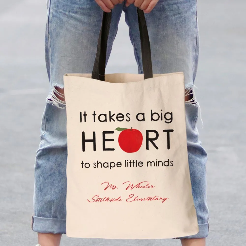 Big Heart Teacher Personalized Black Handle Tote Bag | Custom Teacher Gifts