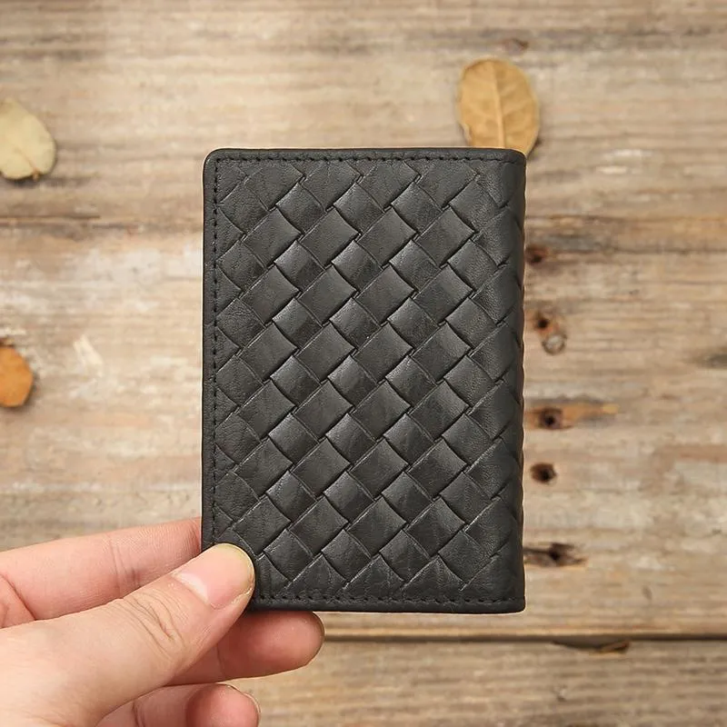 Black Braided Leather Mens Small Wallets Bifold Slim Front Pocket Wallet Card Holder for Men