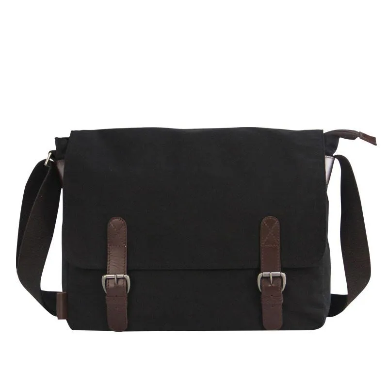 Black Canvas Leather Mens School Bag Messenger Bags Navy Blue Canvas Courier Bag for Men