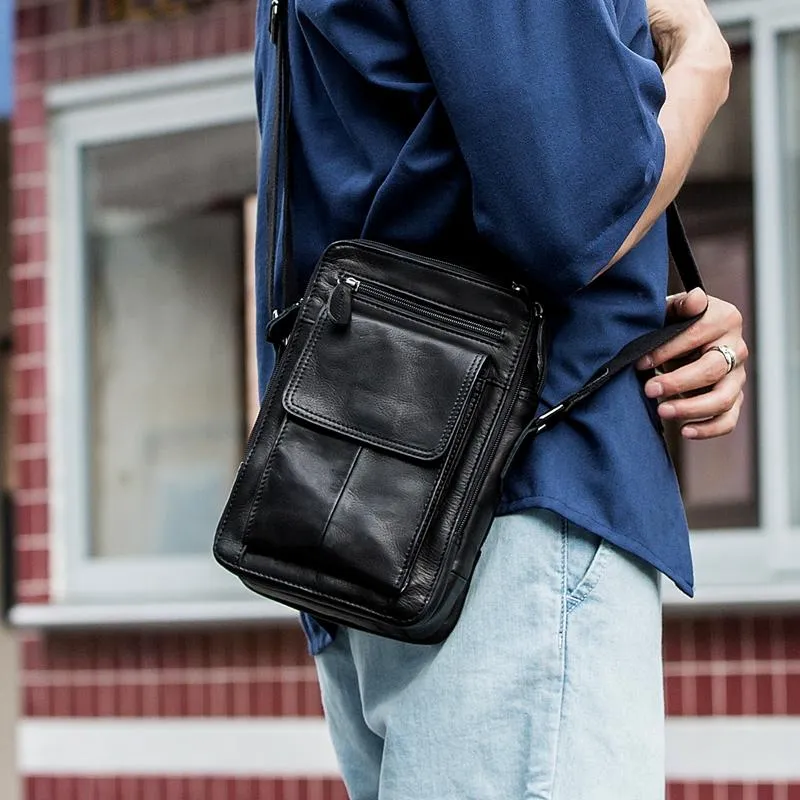 Black Casual Leather Mens Vertical Side Bag Black Messenger Bags Postman Bag Courier Bag for Men