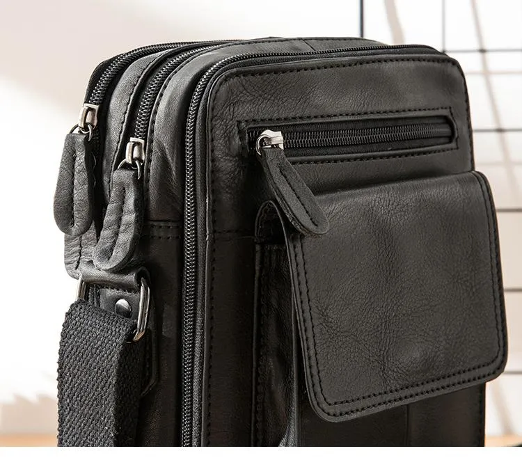 Black Casual Leather Mens Vertical Side Bag Black Messenger Bags Postman Bag Courier Bag for Men