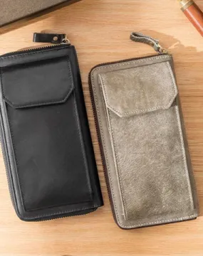 Black Cool Leather Mens Long Wallets Bifold Zipper Gray Long Wallet Card Wallet for Men