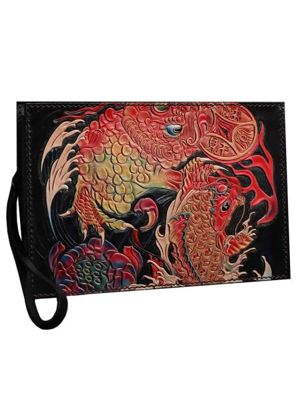 Black Handmade Tooled Leather Chinese Dragon Clutch Wallets Wristlet Bag Clutch Purse For Men