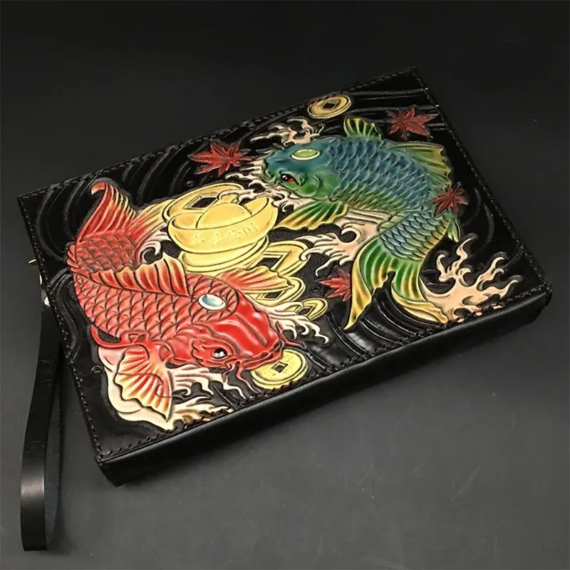 Black Handmade Tooled Leather Chinese Dragon Clutch Wallets Wristlet Bag Clutch Purse For Men