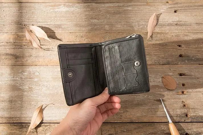 Black Leather Mens Small Wallets Trifold Vintage billfold Wallet for Men