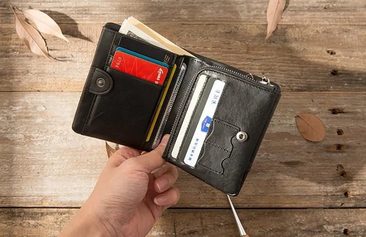 Black Leather Mens Small Wallets Trifold Vintage billfold Wallet for Men