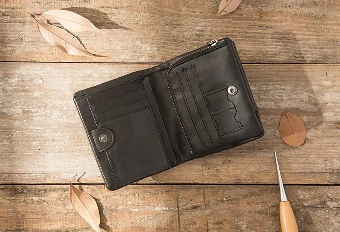 Black Leather Mens Small Wallets Trifold Vintage billfold Wallet for Men