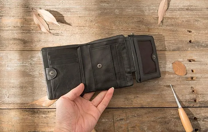 Black Leather Mens Small Wallets Trifold Vintage billfold Wallet for Men