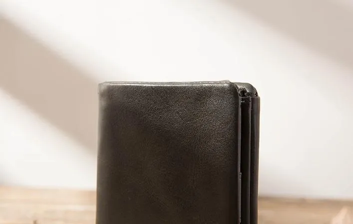 Black Leather Mens Small Wallets Trifold Vintage billfold Wallet for Men