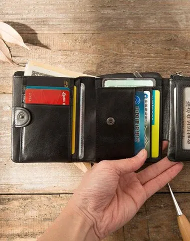 Black Leather Mens Small Wallets Trifold Vintage billfold Wallet for Men