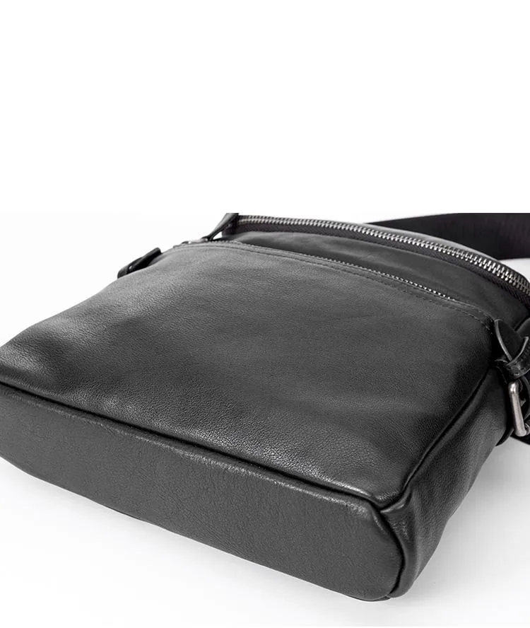 Black Soft Leather Mens 10 inches Vertical Postman Bag Black Messenger Bags Side Bag for Men