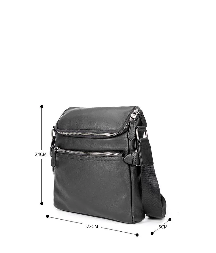 Black Soft Leather Mens 10 inches Vertical Postman Bag Black Messenger Bags Side Bag for Men