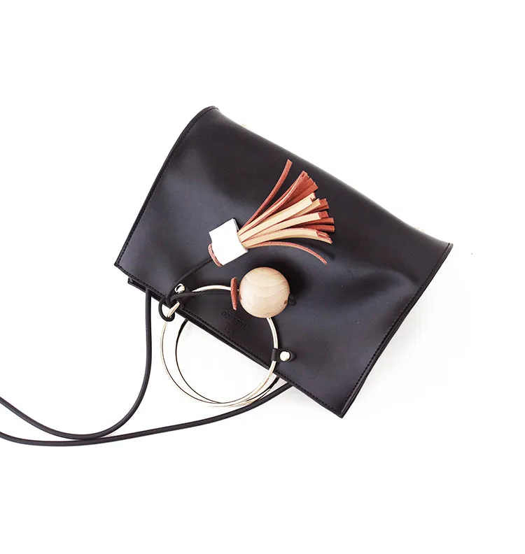 Black Stylish LEATHER WOMENs Cute Handbag Purse SHOULDER Purse with Tassels