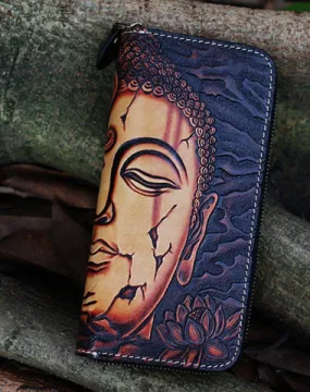 Black Tooled Buddha Leather Wallets Handmade Zipper Long Wallets For Men