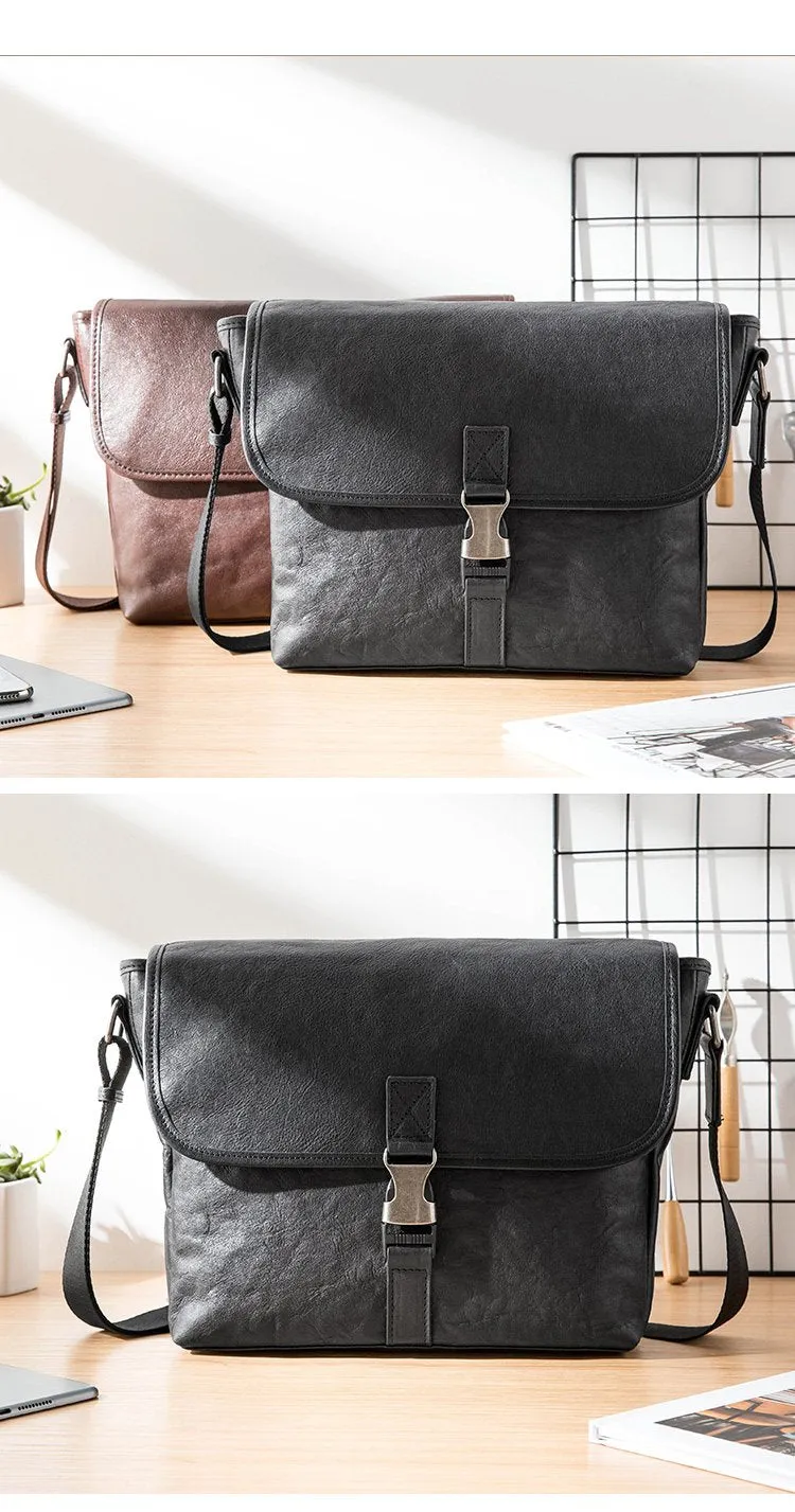 Black Wrinkled Leather Mens Small Side Bag Messenger Bags Brown Courier Bag Bicycle Bags for Men