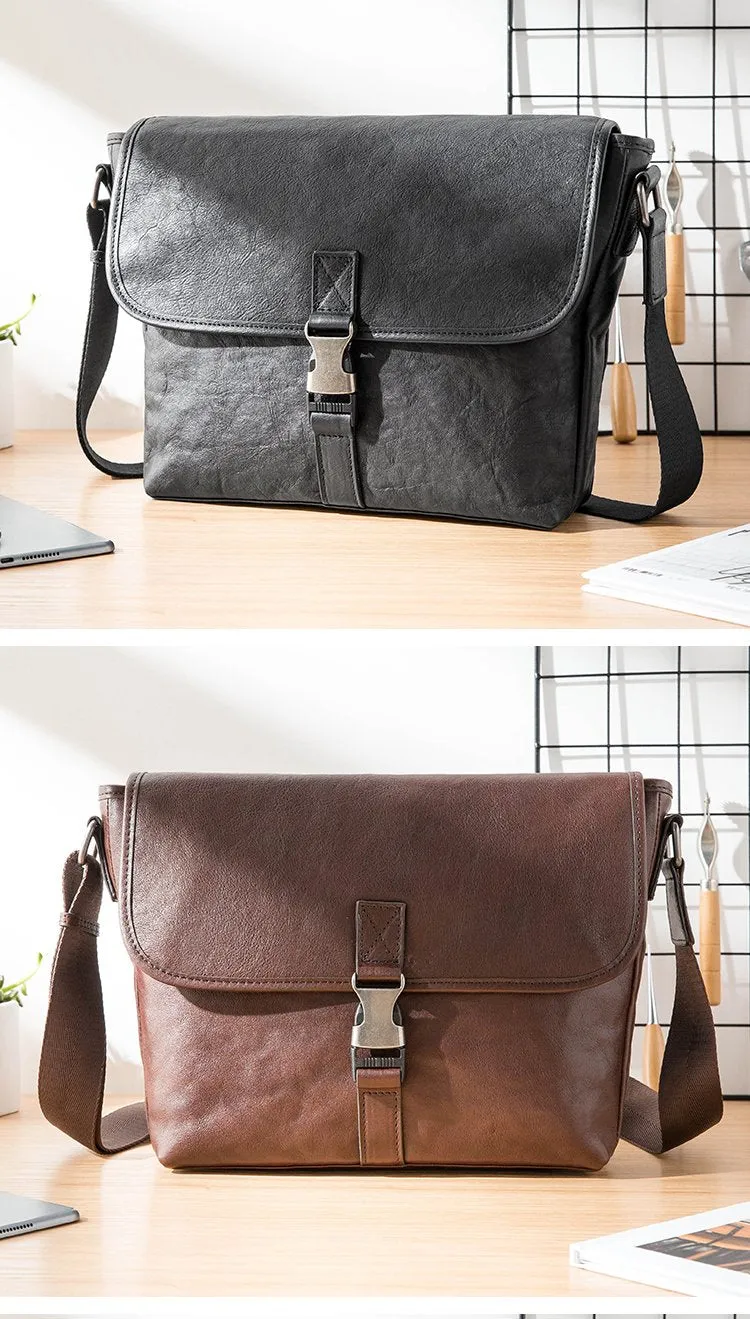 Black Wrinkled Leather Mens Small Side Bag Messenger Bags Brown Courier Bag Bicycle Bags for Men