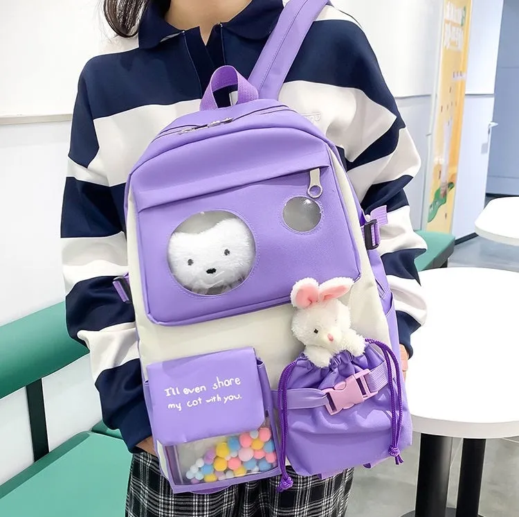 Canvas multiple pocket student college 5pcs Set side bags girls backpack 1225