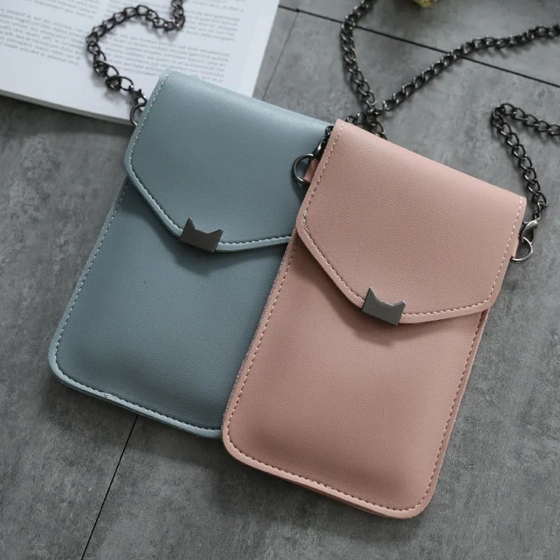 Cat Ear Transparent Touch Screen Retro Simple Mobile Phone Bag 2019 Women Chain Messenger Bags Small Flap Bag Mini Shoulder Bag