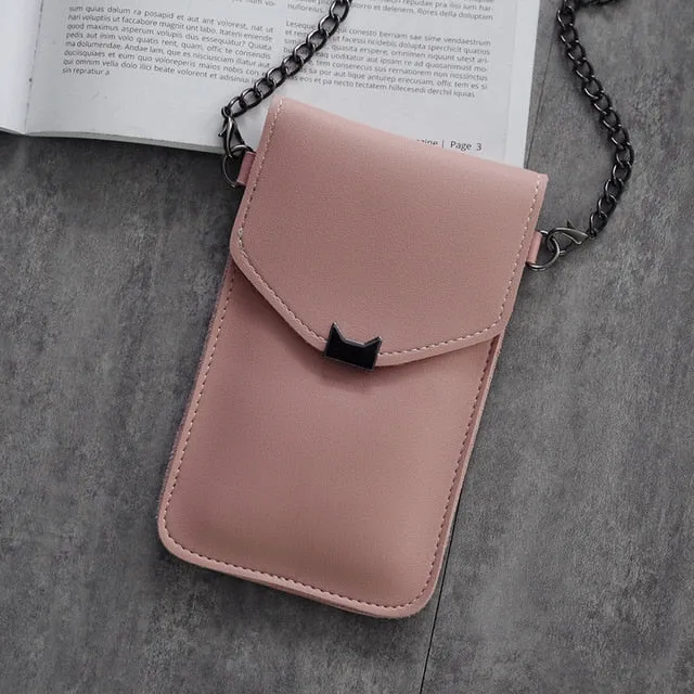 Cat Ear Transparent Touch Screen Retro Simple Mobile Phone Bag 2019 Women Chain Messenger Bags Small Flap Bag Mini Shoulder Bag