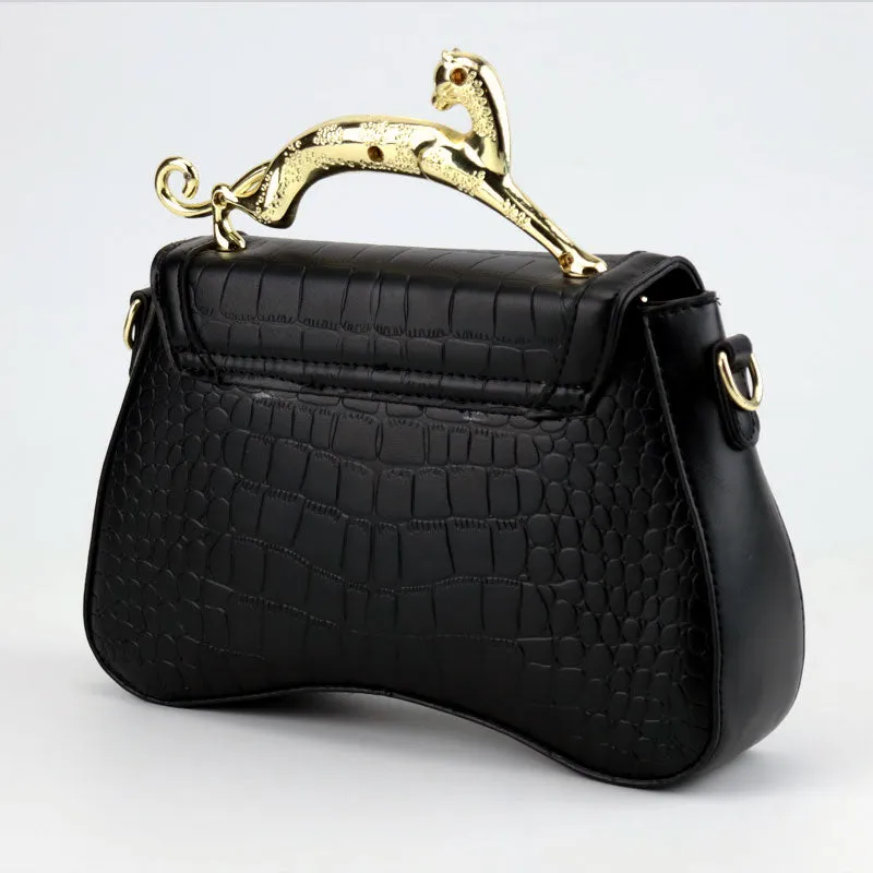 Croc Embossed Patent Tiger Handle Satchel Bag