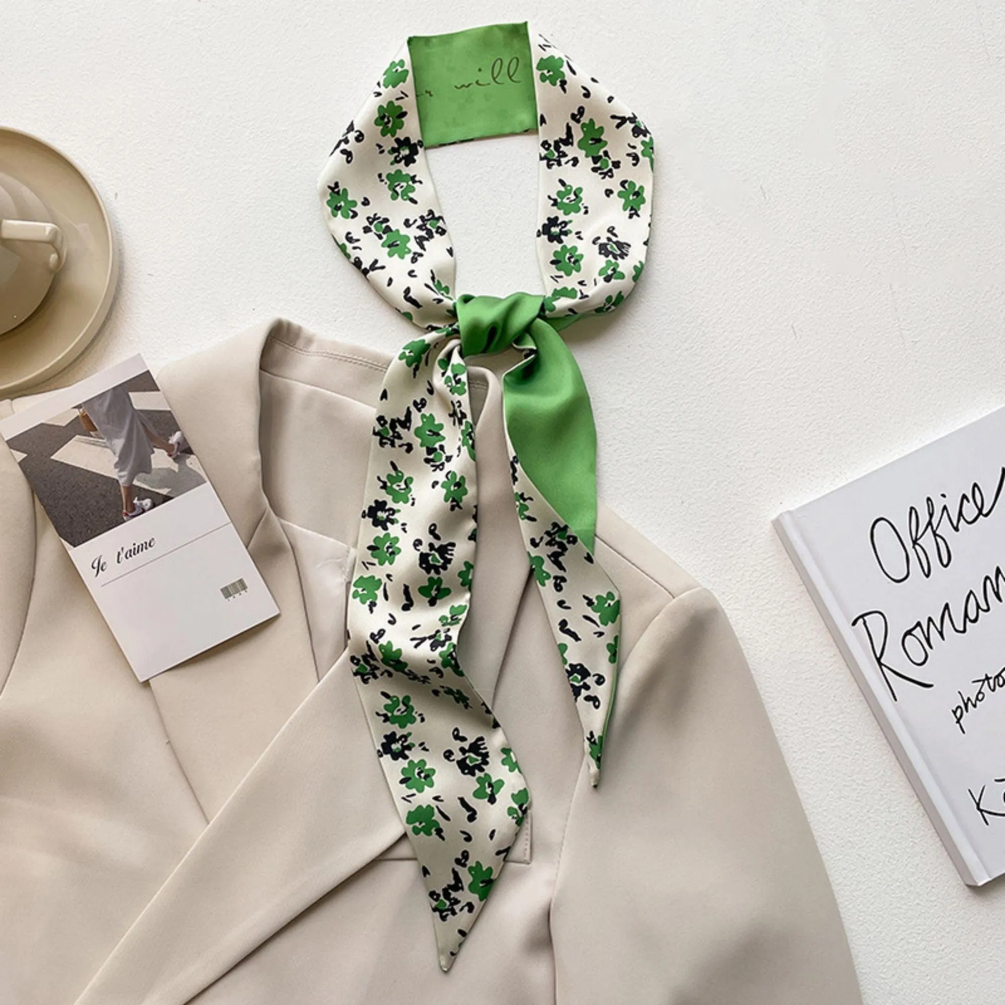 Fresh Green Skinny Scarf,Elegant Slender Neckerchief,Small Headband Hairband/Gift For Her