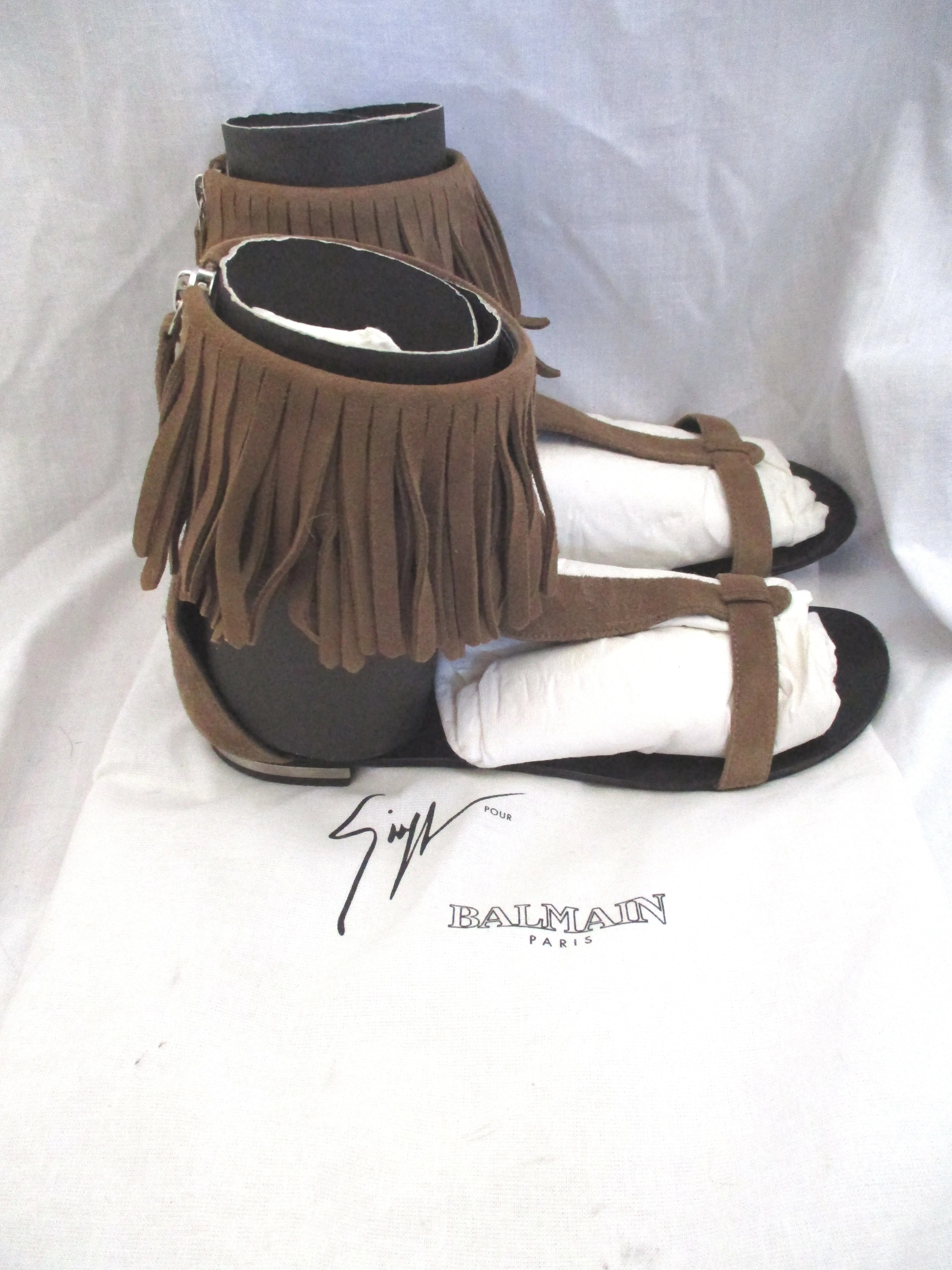 GIUSEPPE ZANOTTI BALMAIN Fringe Ankle Sandal Flat Boho Shoe 36 Suede Hippie Summer