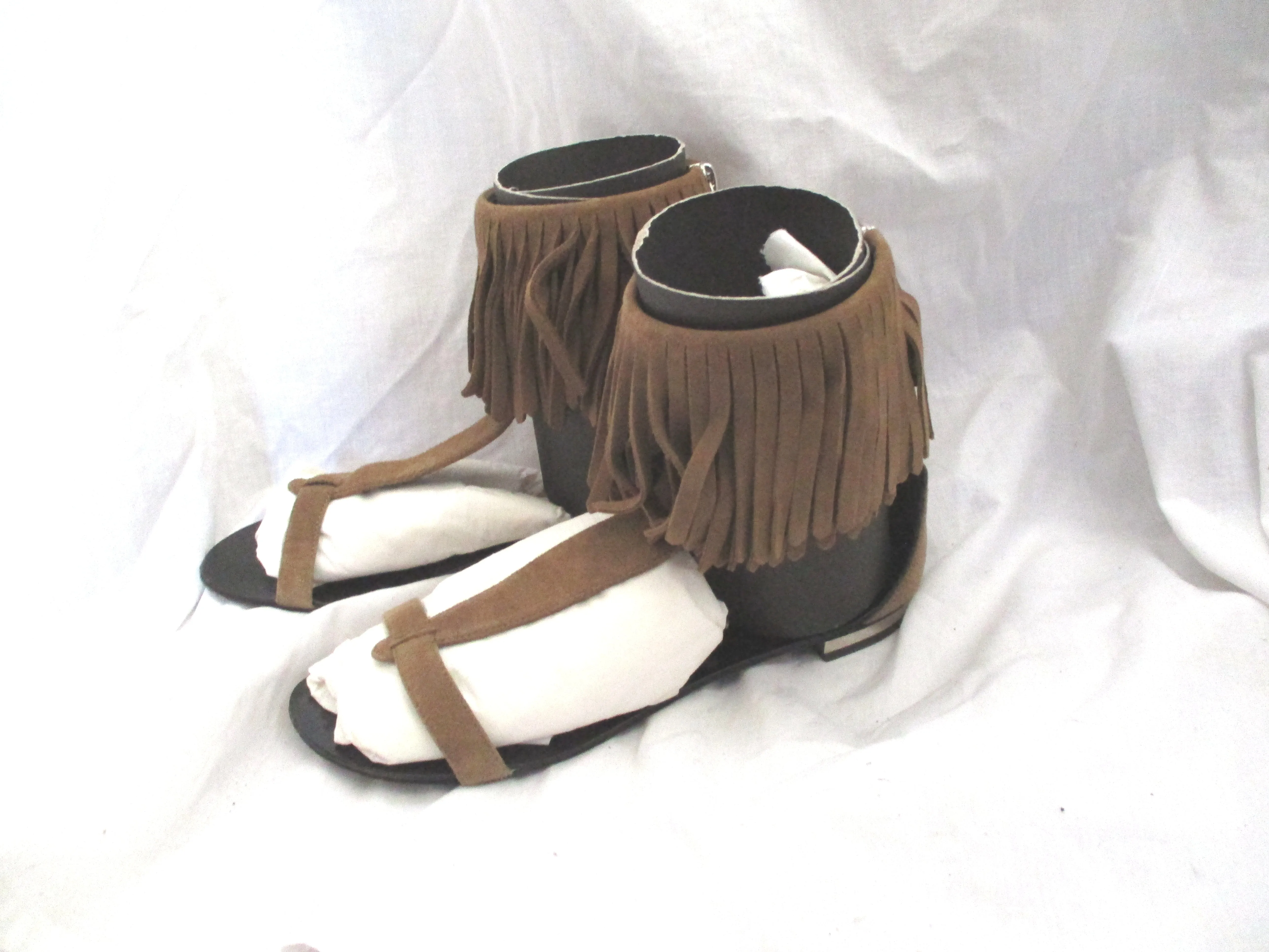 GIUSEPPE ZANOTTI BALMAIN Fringe Ankle Sandal Flat Boho Shoe 36 Suede Hippie Summer