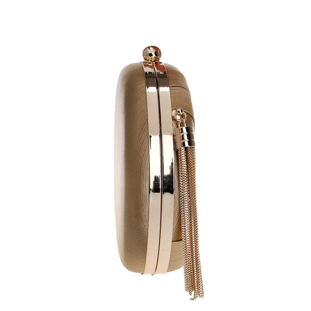 Glossy Fringe Trim Round Shape Braided Satin Mini Clutch Bag - Gold