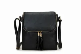 LARGE BLACK TASSEL MULTI COMPARTMENT CROSS BODY SHOULDER BAG WITH LONG STRAP