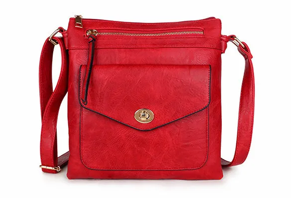 LARGE RED TURN LOCK MULTI COMPARTMENT CROSS BODY SHOULDER BAG WITH LONG STRAP